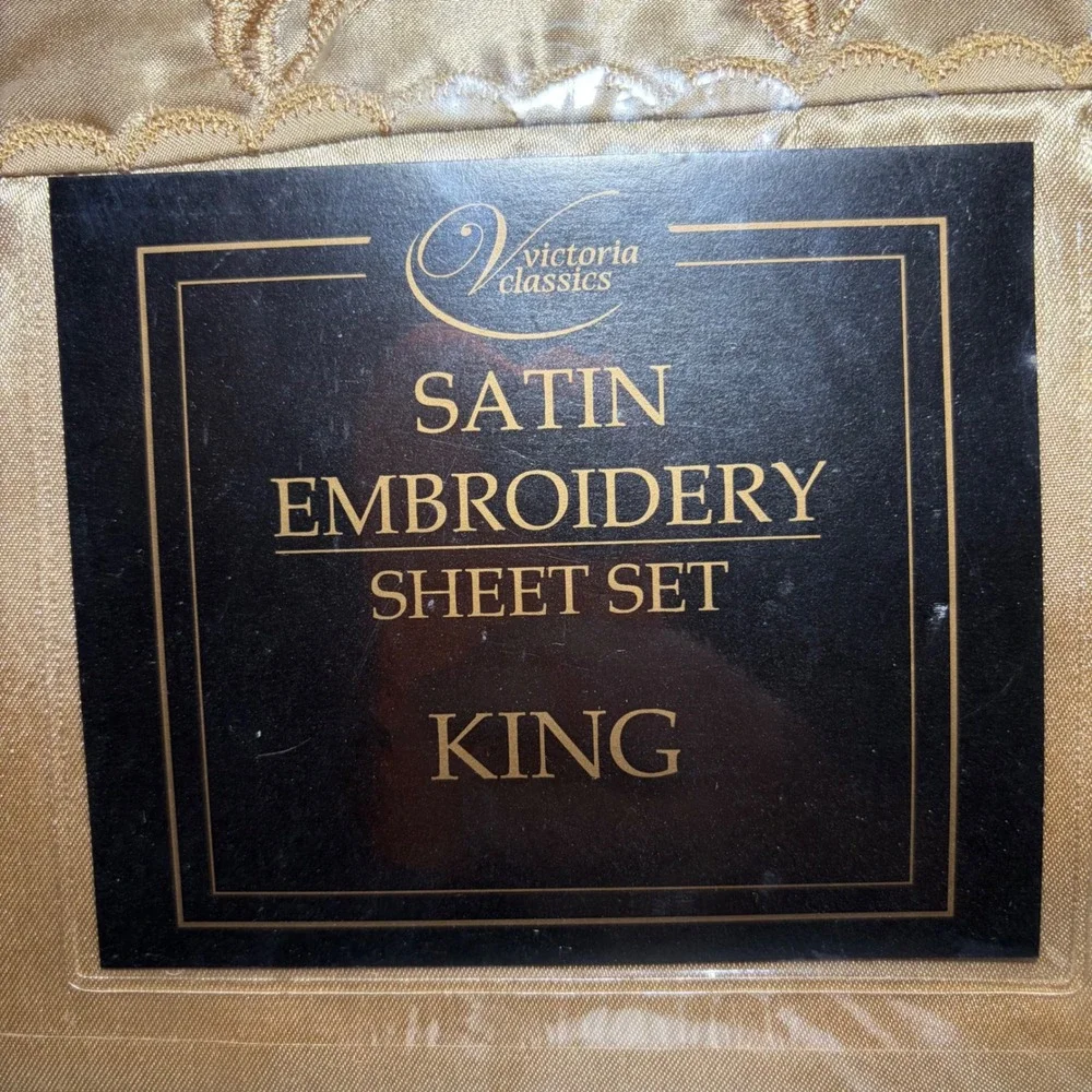Victoria Classics Gold Satin Embroidery Sheet Set King 4 Piece Luxury Bedding